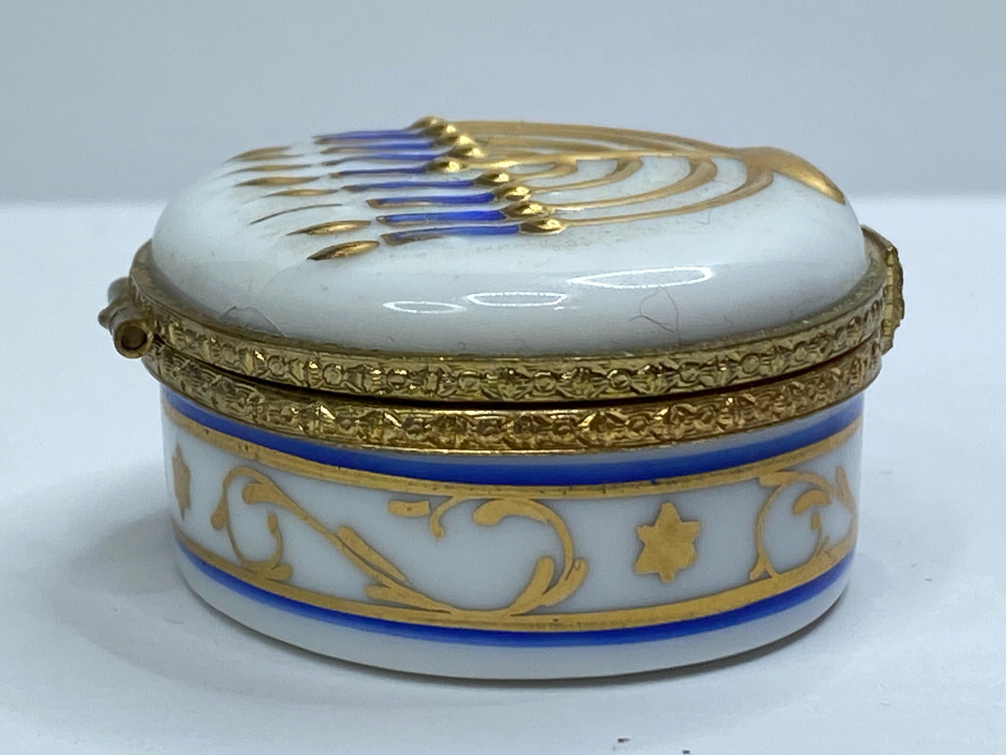 Vintage Limoges Menorah Trinket Box Hand Painted Blue & Gold A697