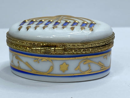 Vintage Limoges Menorah Trinket Box Hand Painted Blue & Gold A697