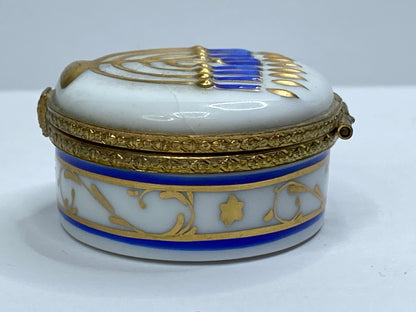 Vintage Limoges Menorah Trinket Box Hand Painted Blue & Gold A697