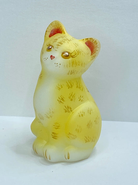 Fenton Yellow Satin Glass Kitten Tiger striping Figurine A700 USA A700