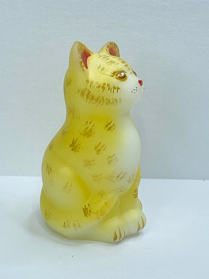 Fenton Yellow Satin Glass Kitten Tiger striping Figurine A700 USA A700