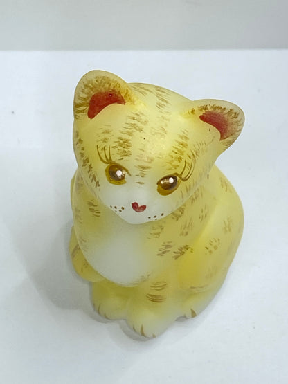Fenton Yellow Satin Glass Kitten Tiger striping Figurine A700 USA A700