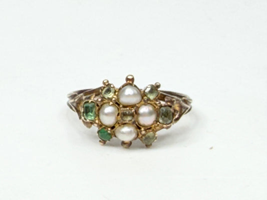 Antique 14K Gold Pearl Emerald Cluster Ring Size 7 Victorian Style JR1171