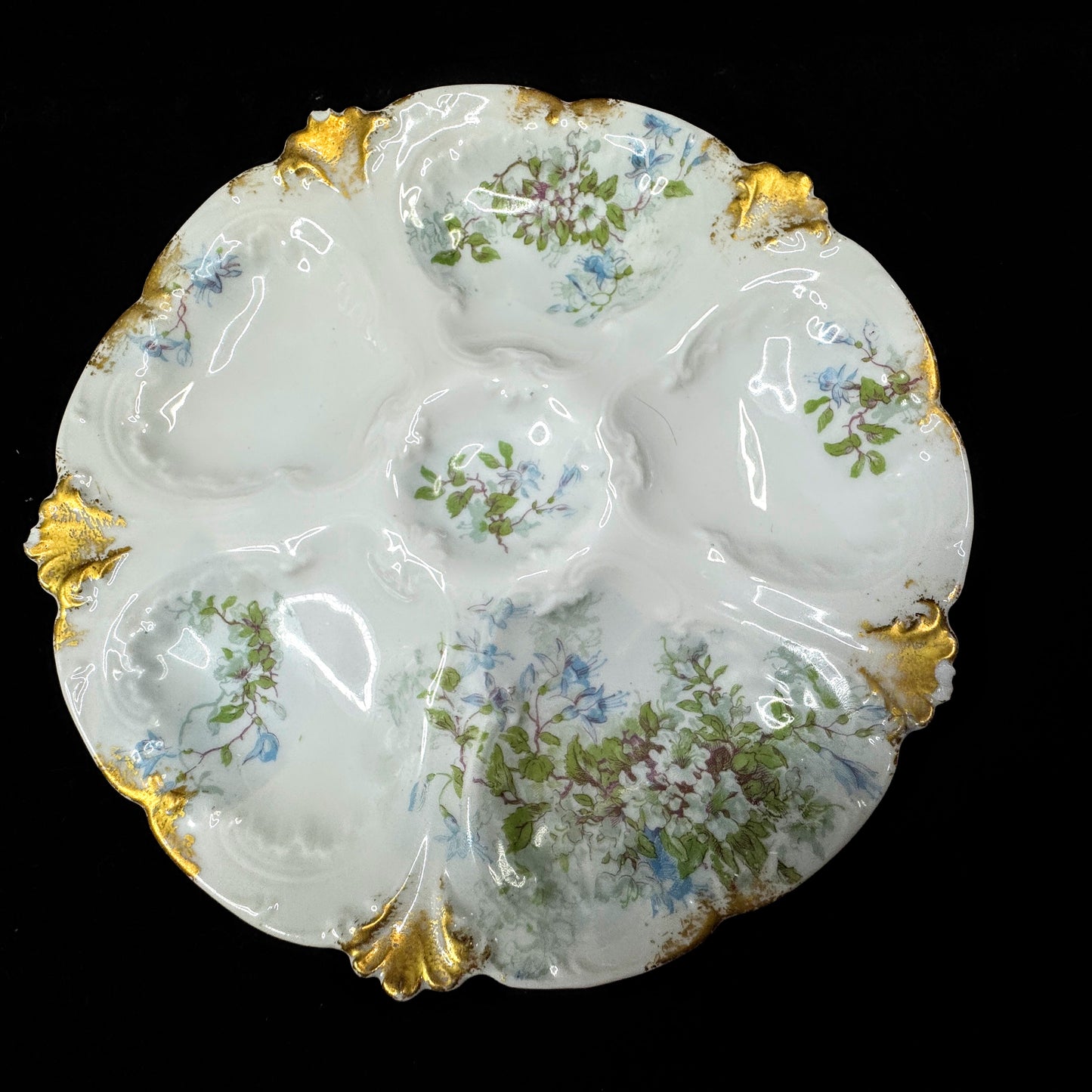Antique GDA Limoges France floral gold porcelain 5 well oyster plates set A1150