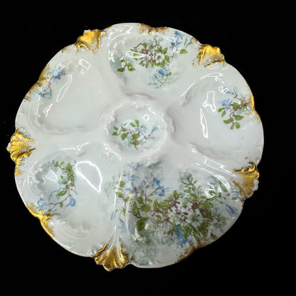 Antique GDA Limoges France floral gold porcelain 5 well oyster plates set A1150