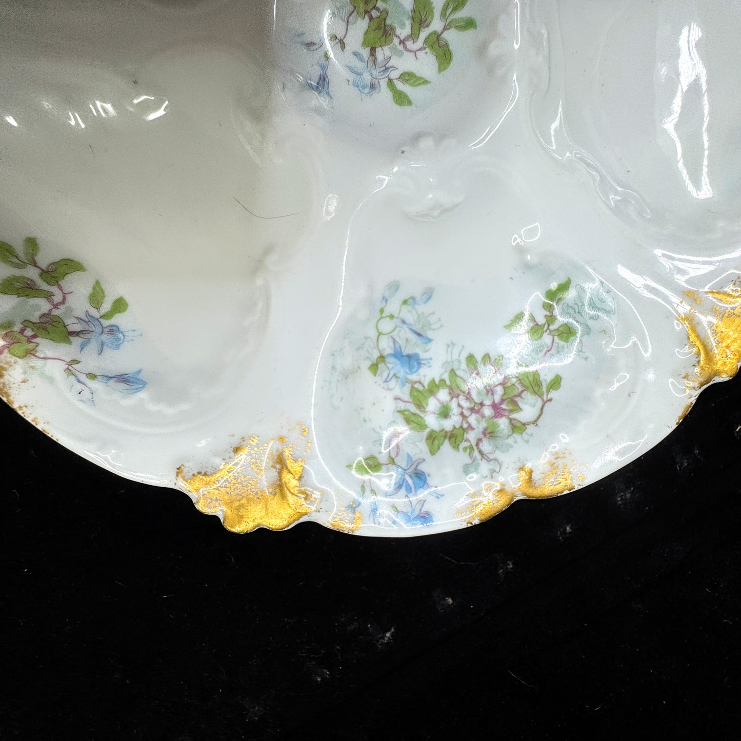 Antique GDA Limoges France floral gold porcelain 5 well oyster plates set A1150
