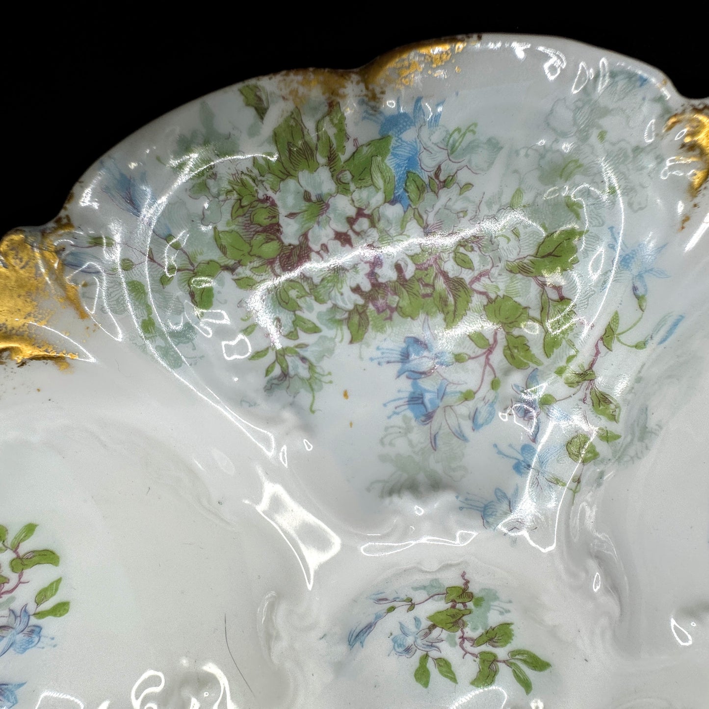 Antique GDA Limoges France floral gold porcelain 5 well oyster plates set A1150