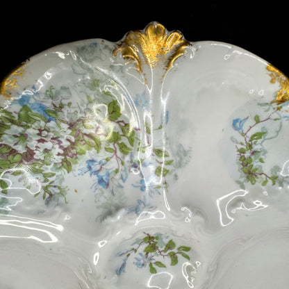 Antique GDA Limoges France floral gold porcelain 5 well oyster plates set A1150
