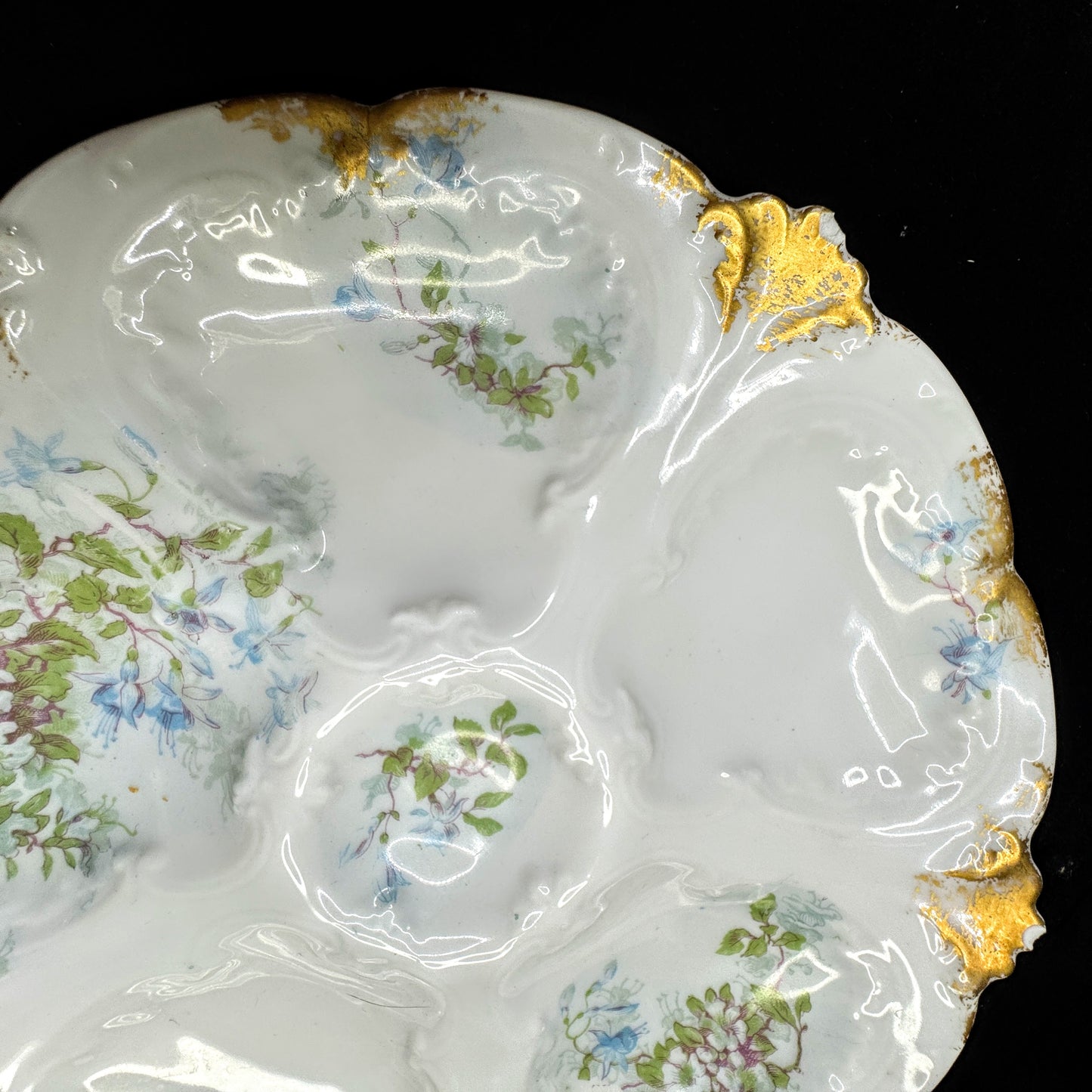 Antique GDA Limoges France floral gold porcelain 5 well oyster plates set A1150