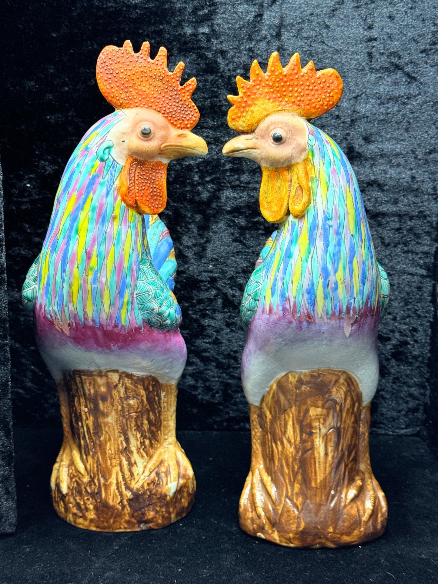 Antique Large Asian Polychrome Pottery Rooster Figurines Pair Seal Mark A1160