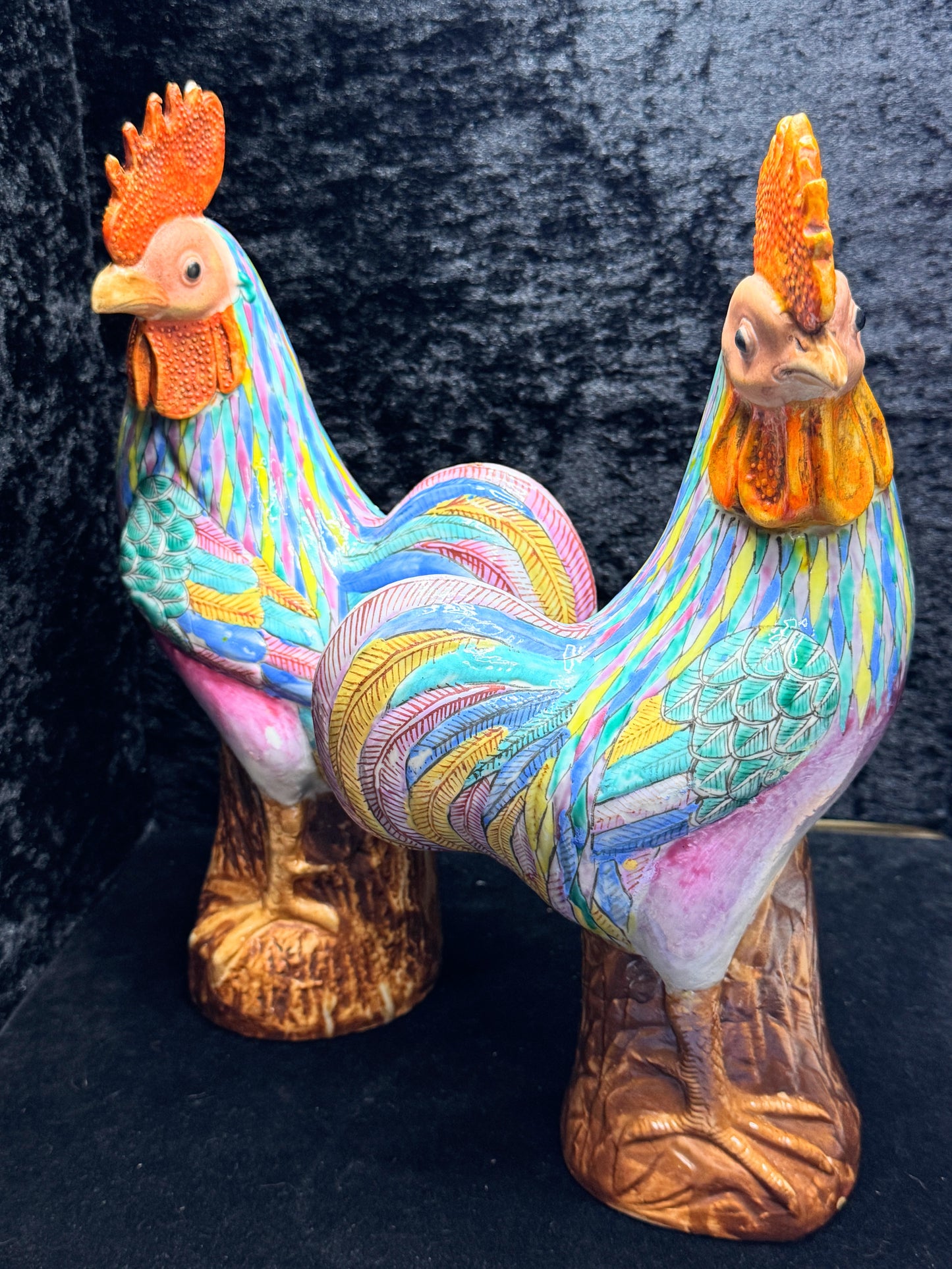 Antique Large Asian Polychrome Pottery Rooster Figurines Pair Seal Mark A1160