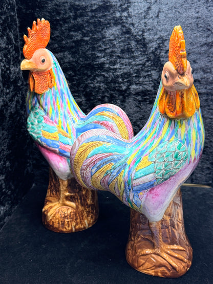 Antique Large Asian Polychrome Pottery Rooster Figurines Pair Seal Mark A1160