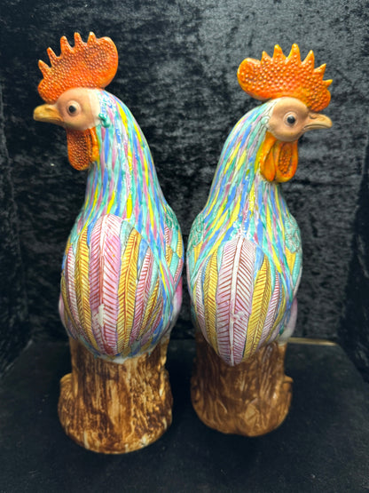 Antique Large Asian Polychrome Pottery Rooster Figurines Pair Seal Mark A1160