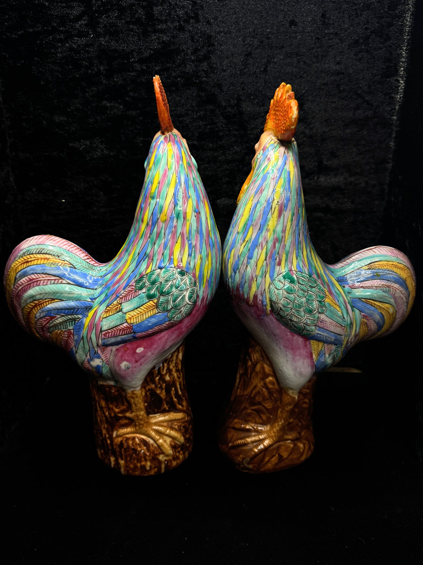 Antique Large Asian Polychrome Pottery Rooster Figurines Pair Seal Mark A1160