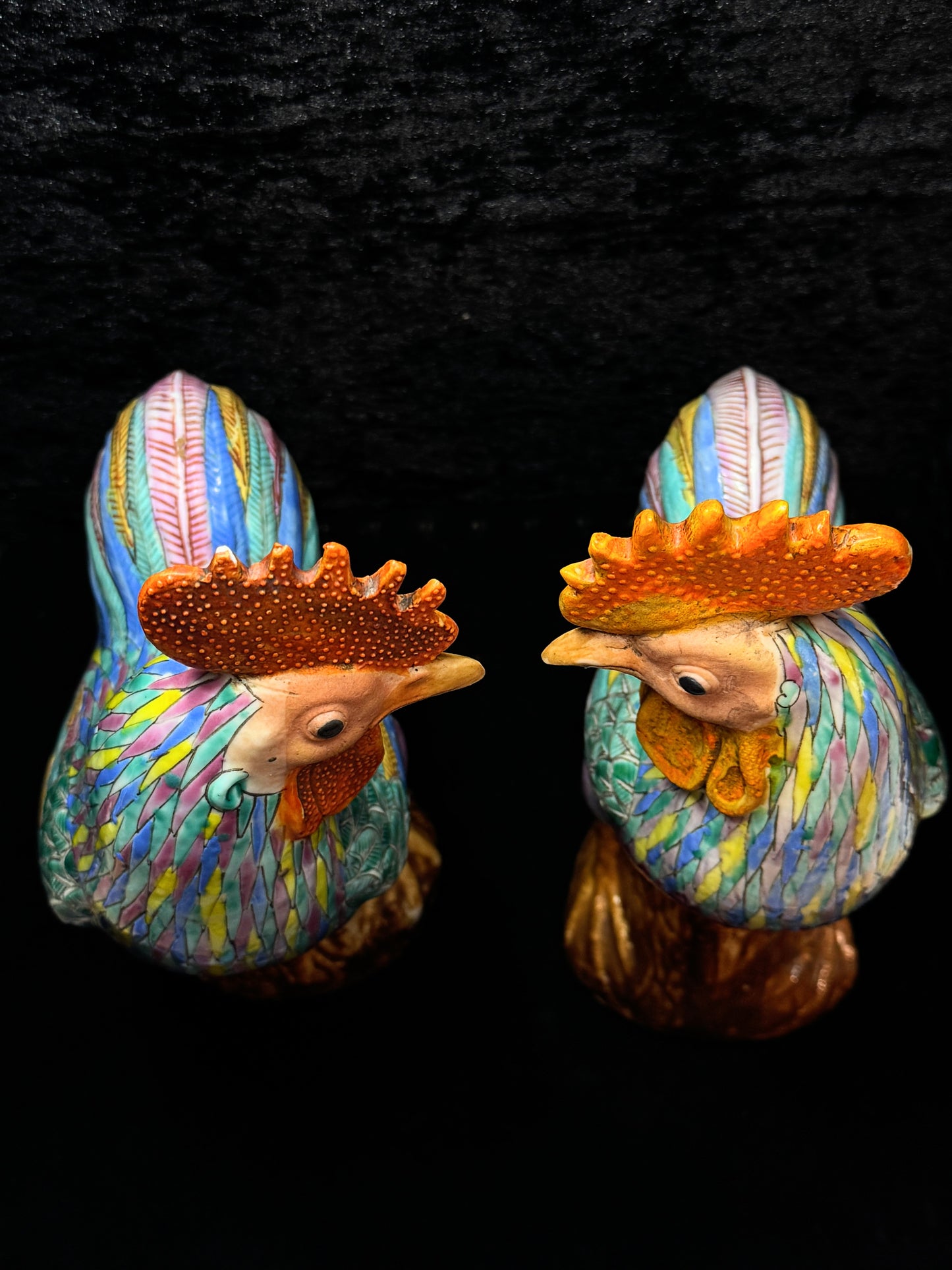 Antique Large Asian Polychrome Pottery Rooster Figurines Pair Seal Mark A1160
