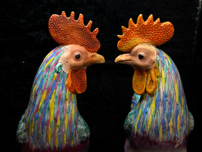 Antique Large Asian Polychrome Pottery Rooster Figurines Pair Seal Mark A1160