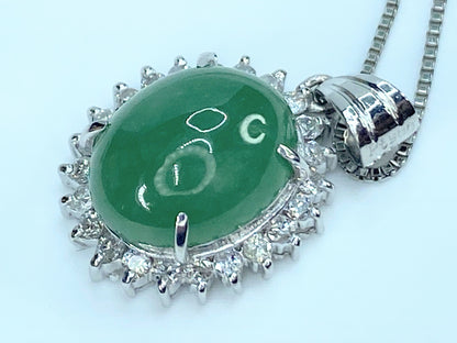 Platinum 3.85ct Jadeite Cabochon Diamond box chain necklace 5.4g JR8900