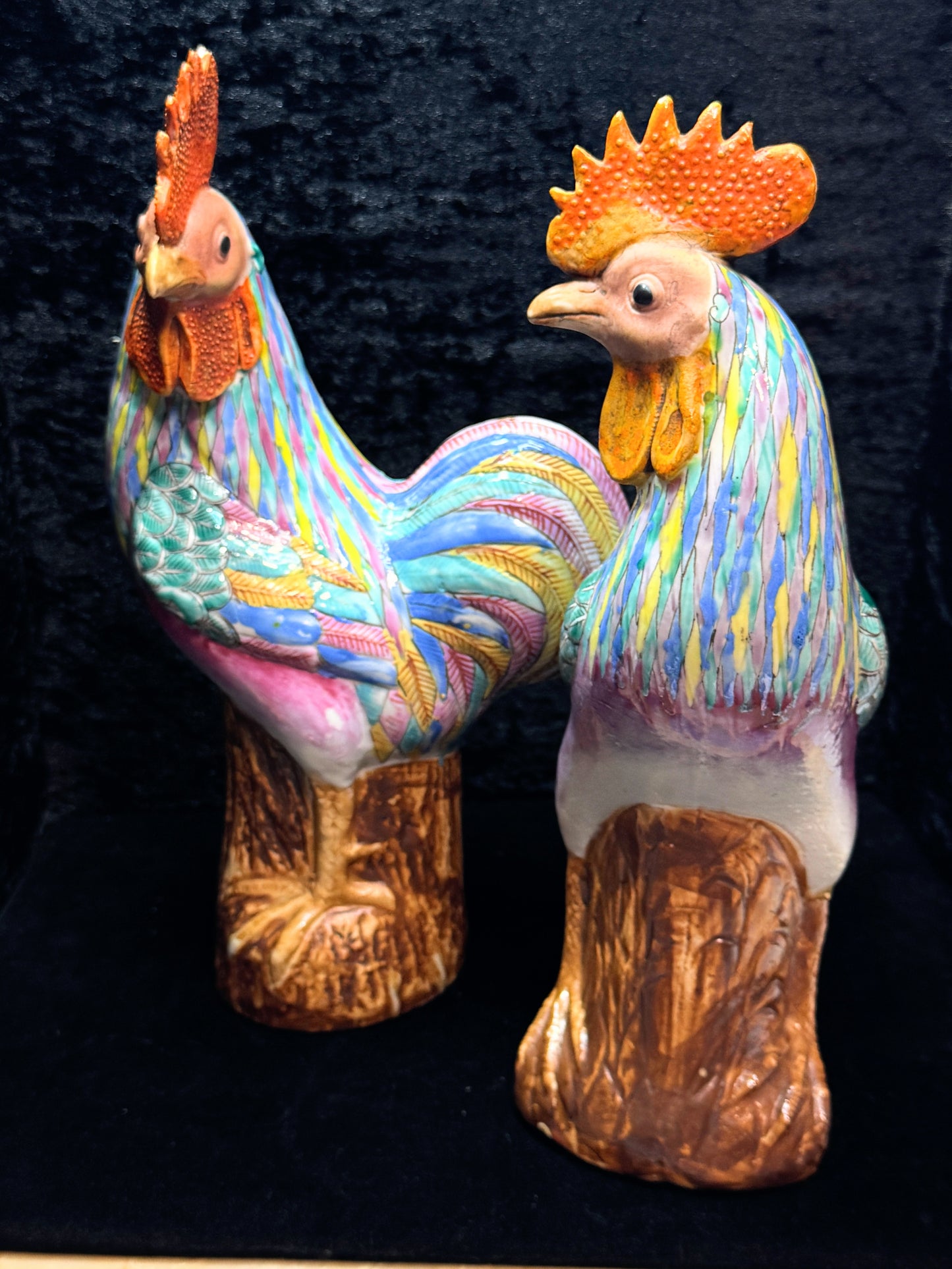 Antique Large Asian Polychrome Pottery Rooster Figurines Pair Seal Mark A1160
