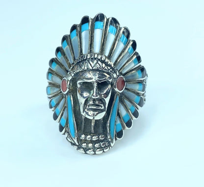 Men’s Turquoise North American Indian Chief Sterling Silver Rings JR8903