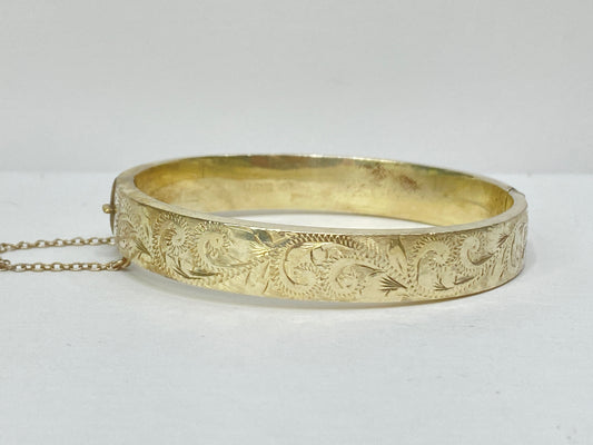 Vintage Engraved Silver Bangle Bracelet, Floral Scroll Design, 7.25" JR1085