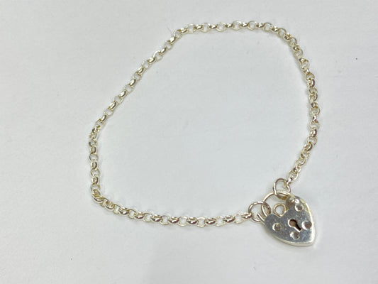 Sterling Silver Heart Padlock Chain Bracelet, Fine Link Design JR1088