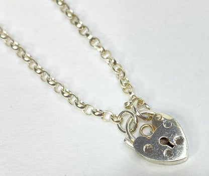 Sterling Silver Heart Padlock Chain Bracelet, Fine Link Design JR1088