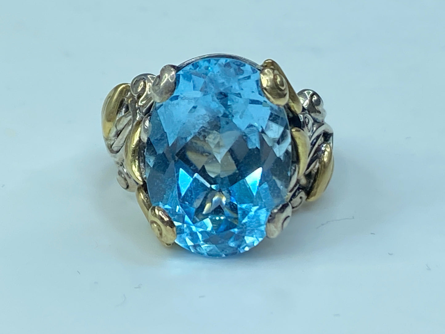 Barbara Bixby Blue Topaz Sterling Silver 18K Gold Leaf Band Ring 11.8g s8 JR0048