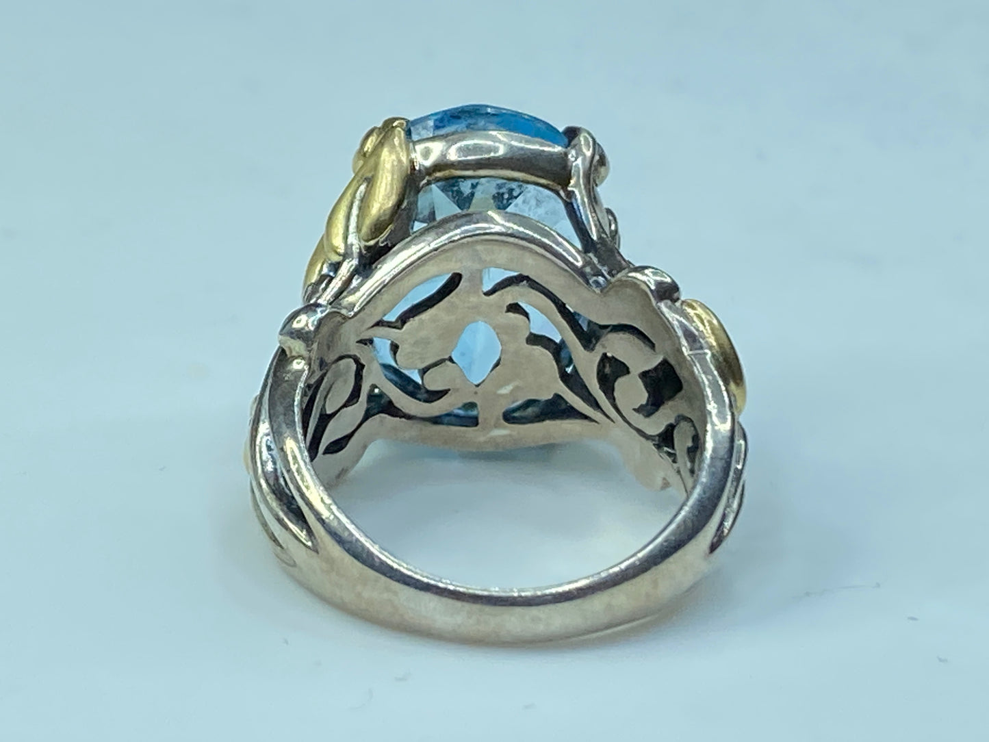 Barbara Bixby Blue Topaz Sterling Silver 18K Gold Leaf Band Ring 11.8g s8 JR0048