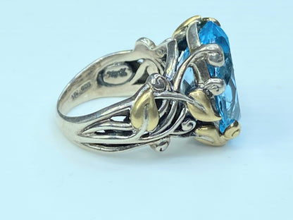 Barbara Bixby Blue Topaz Sterling Silver 18K Gold Leaf Band Ring 11.8g s8 JR0048