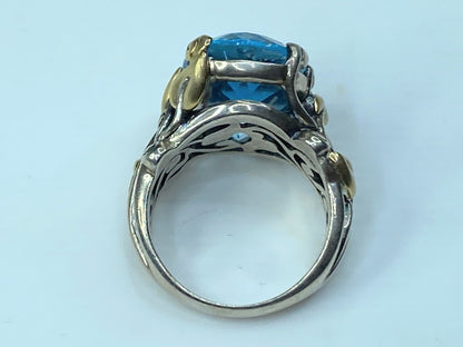 Barbara Bixby Blue Topaz Sterling Silver 18K Gold Leaf Band Ring 11.8g s8 JR0048