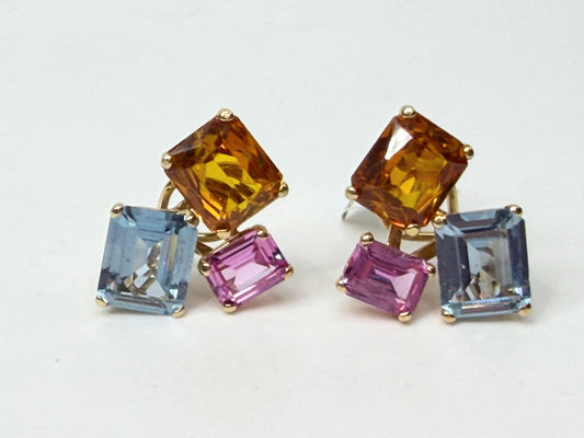 14K Gold Multi Gemstone Drop Earrings, Citrine Topaz Sapphire clip on JR1155