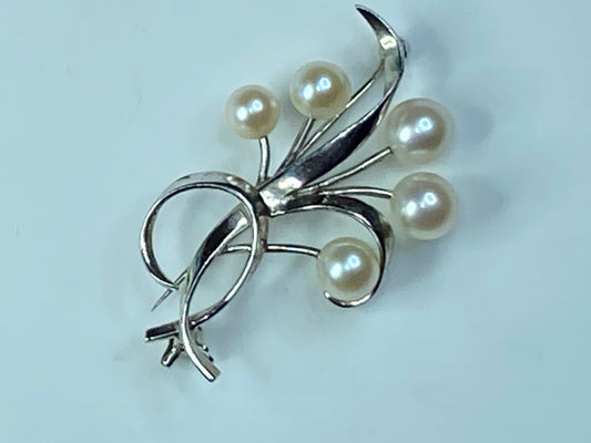 Mikimoto Floral Spray of Akoya Pearls & Sterling Silver Foliate Brooch JR0050