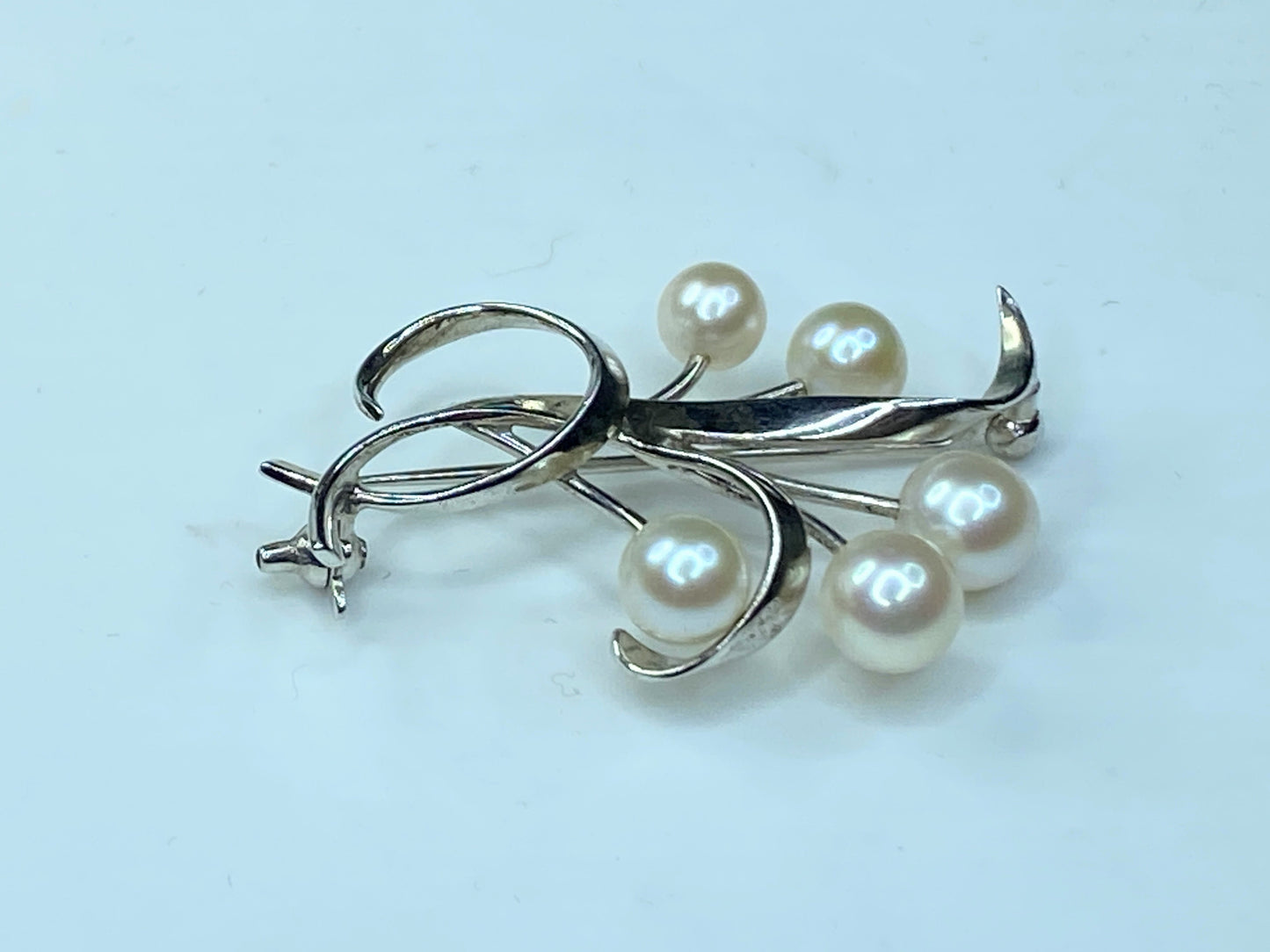 Mikimoto Floral Spray of Akoya Pearls & Sterling Silver Foliate Brooch JR0050