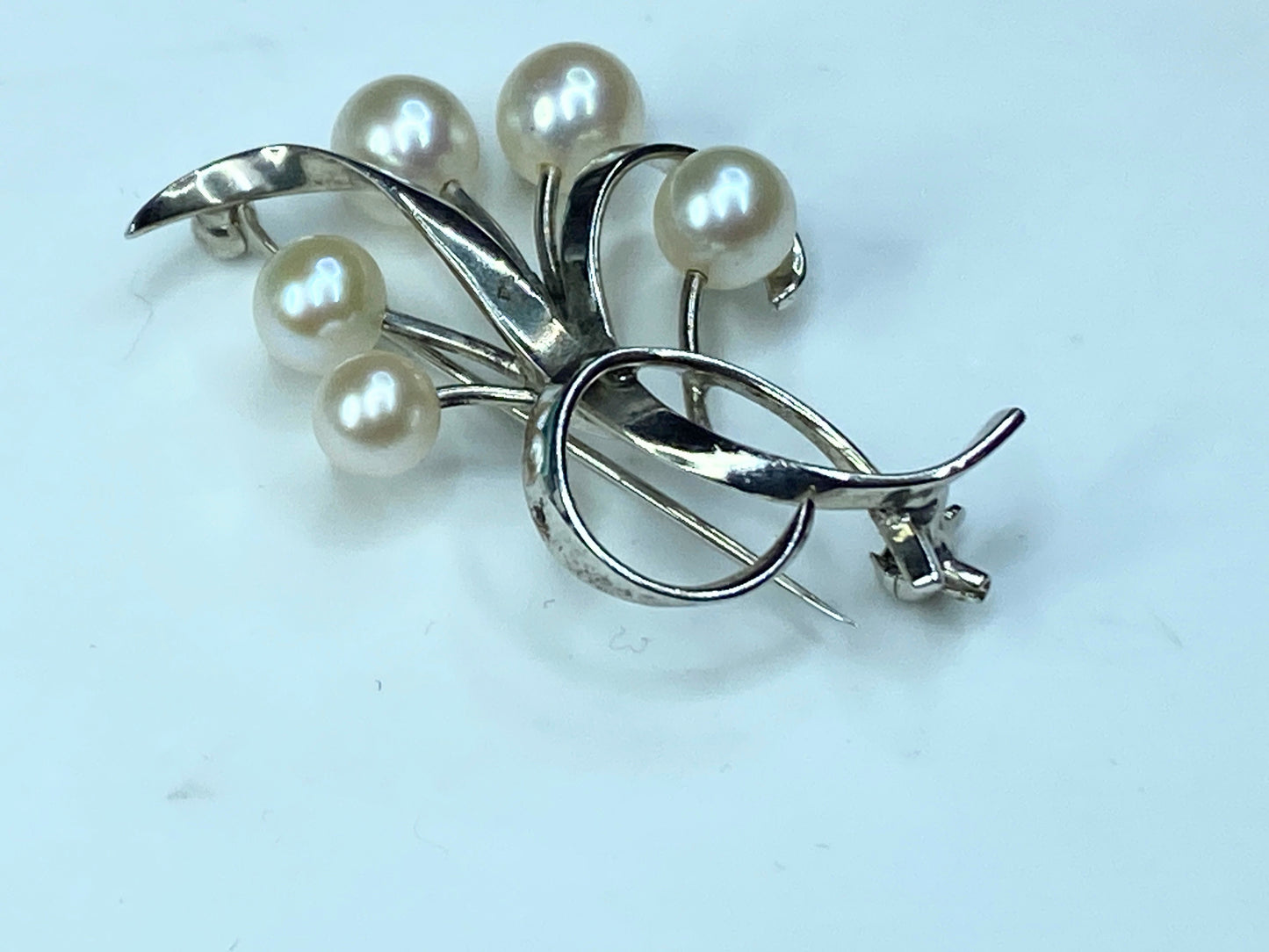 Mikimoto Floral Spray of Akoya Pearls & Sterling Silver Foliate Brooch JR0050