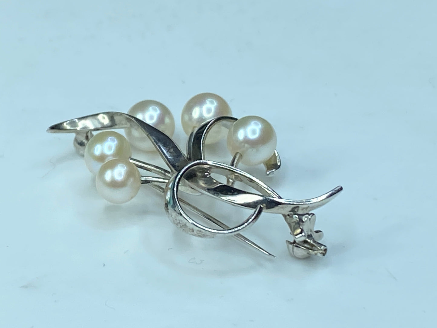 Mikimoto Floral Spray of Akoya Pearls & Sterling Silver Foliate Brooch JR0050