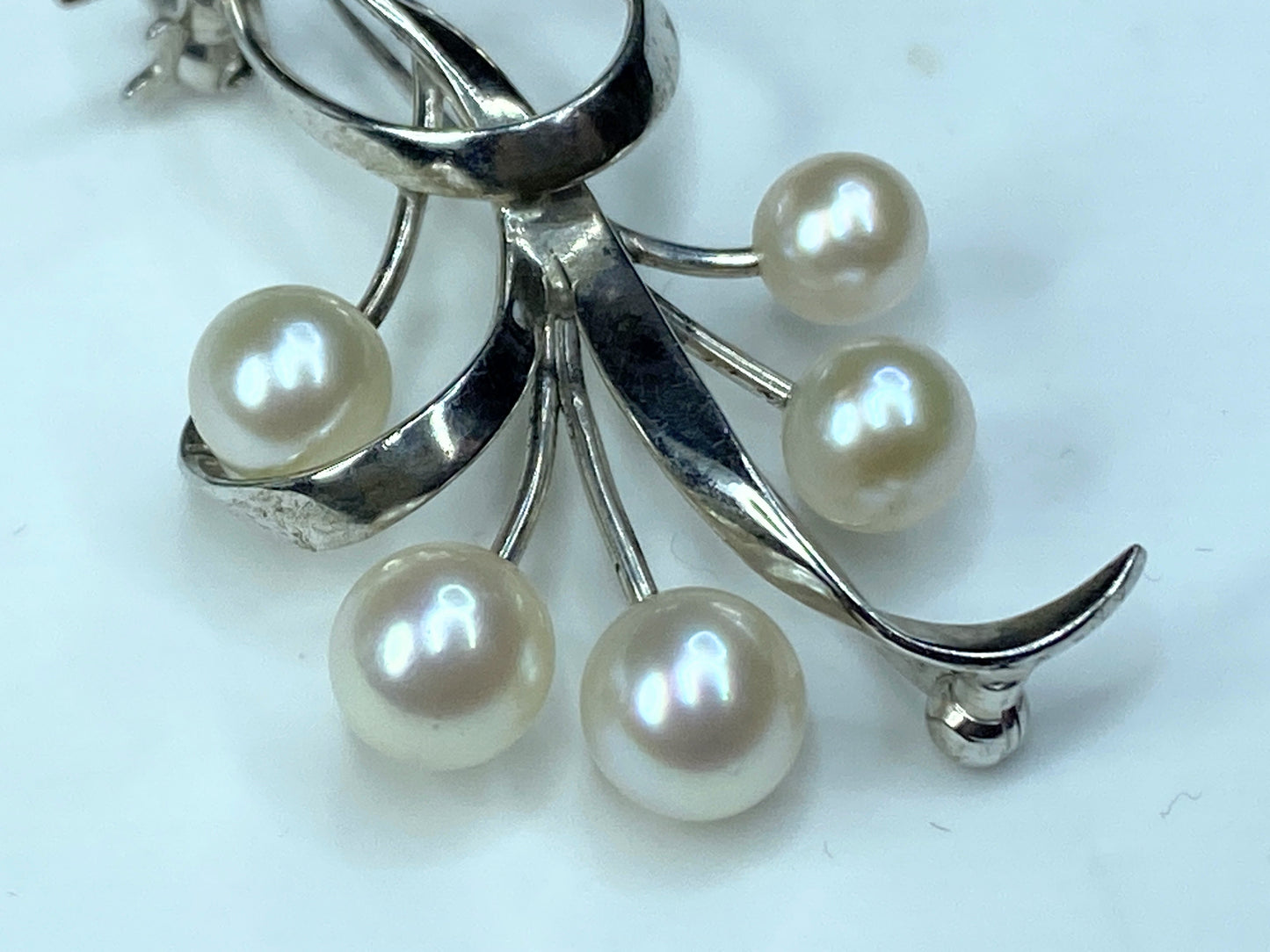 Mikimoto Floral Spray of Akoya Pearls & Sterling Silver Foliate Brooch JR0050