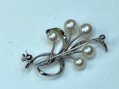 Mikimoto Floral Spray of Akoya Pearls & Sterling Silver Foliate Brooch JR0050