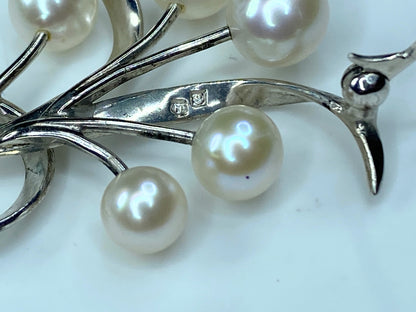 Mikimoto Floral Spray of Akoya Pearls & Sterling Silver Foliate Brooch JR0050