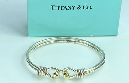 Tiffany & Co Sterling Silver 18k Gold Double Ball Hook Bangle bracelet 6.5 JR626