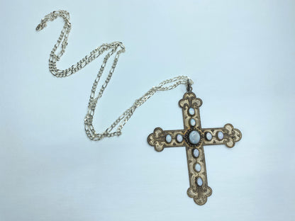 Sterling Silver Opal Cross Pendant Necklace, Large Statement Piece JR1093