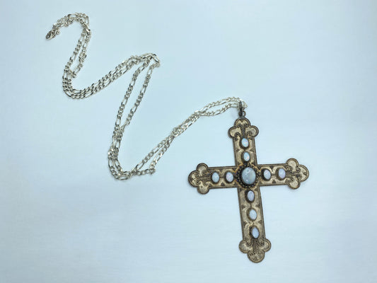 Sterling Silver Opal Cross Pendant Necklace, Large Statement Piece JR1093