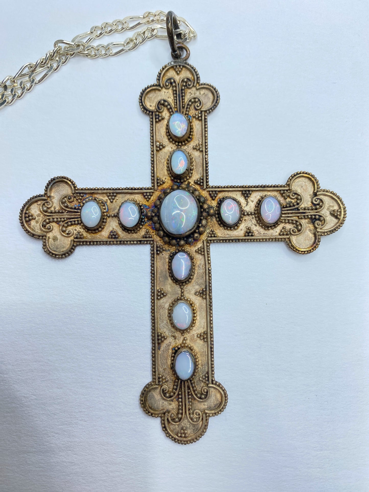 Sterling Silver Opal Cross Pendant Necklace, Large Statement Piece JR1093