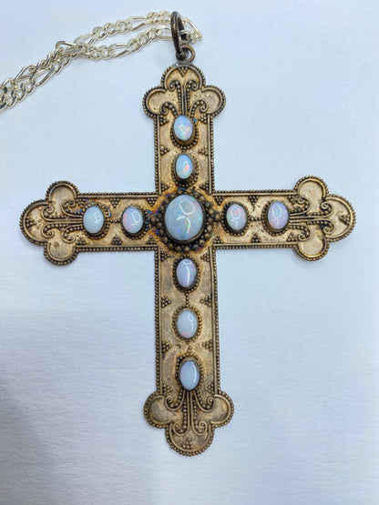 Sterling Silver Opal Cross Pendant Necklace, Large Statement Piece JR1093