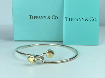Tiffany 18k Gold and Sterling Silver Hearts Bangle Bracelet 6.5" 8.8g JR628