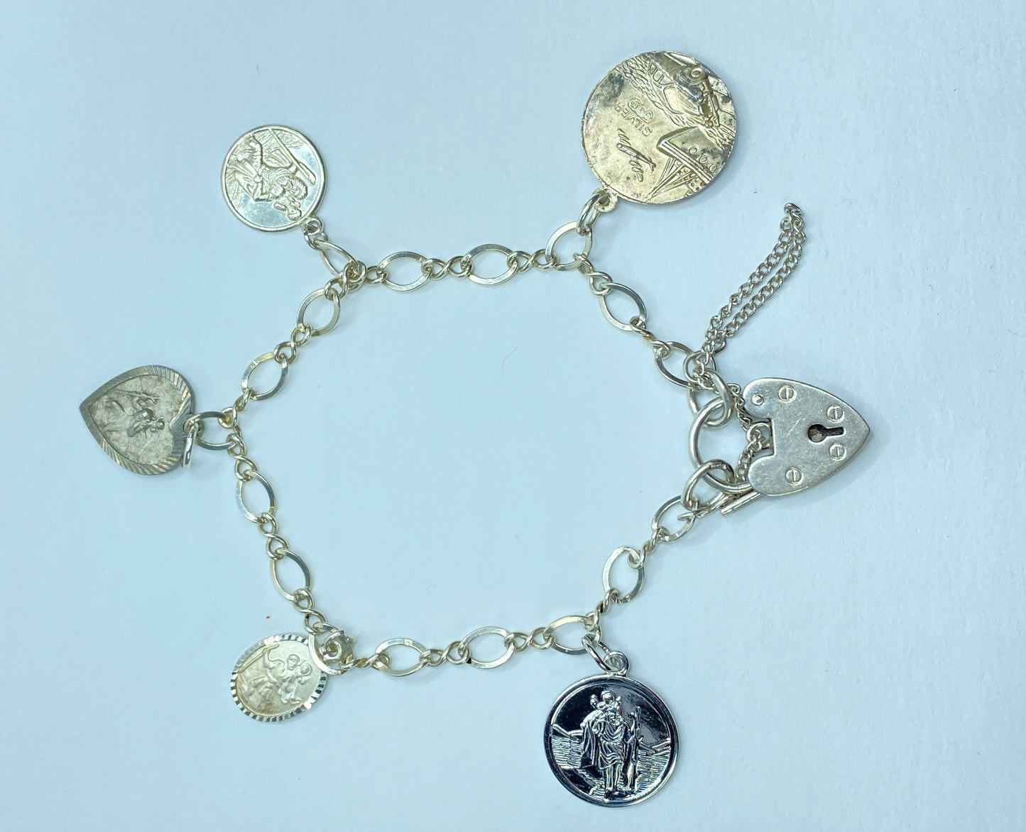 Sterling Silver Charm Bracelet with Religious Medals, England Made JR1094