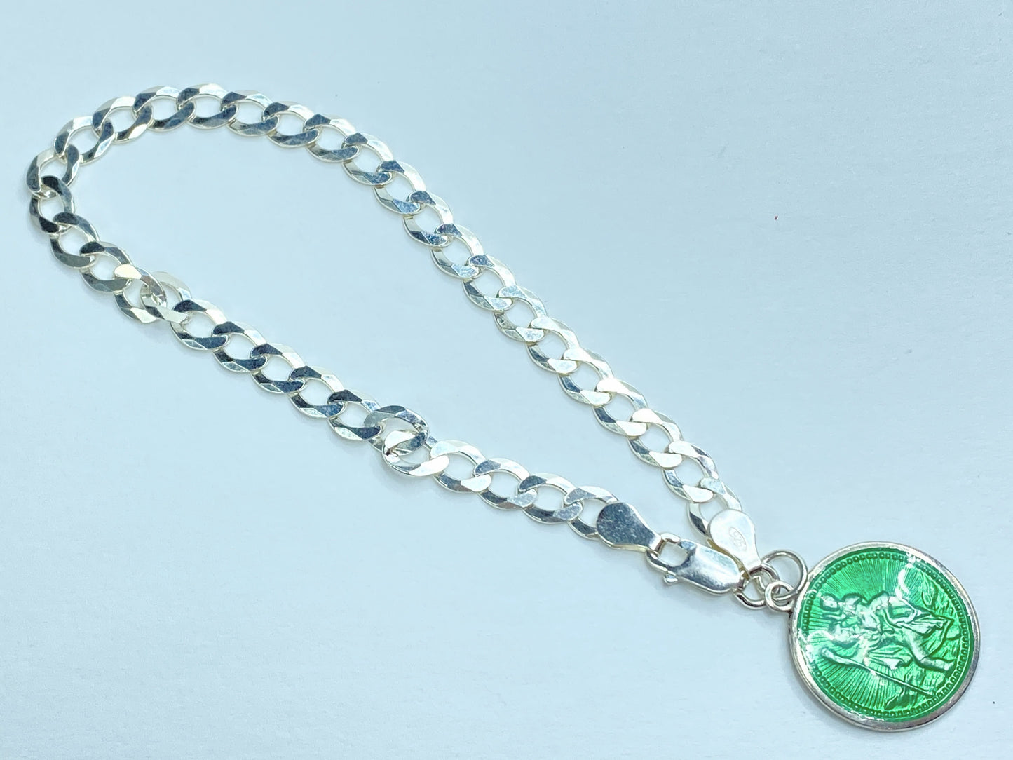 Sterling Silver Green Enamel Saint Medallion Charm Bracelet, England JR1095