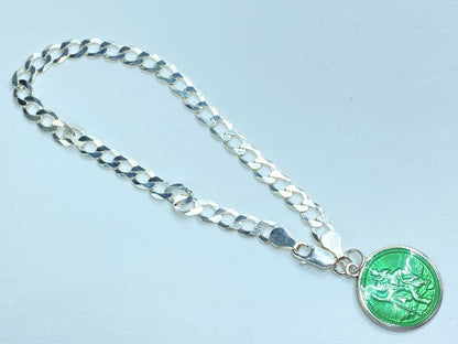 Sterling Silver Green Enamel Saint Medallion Charm Bracelet, England JR1095