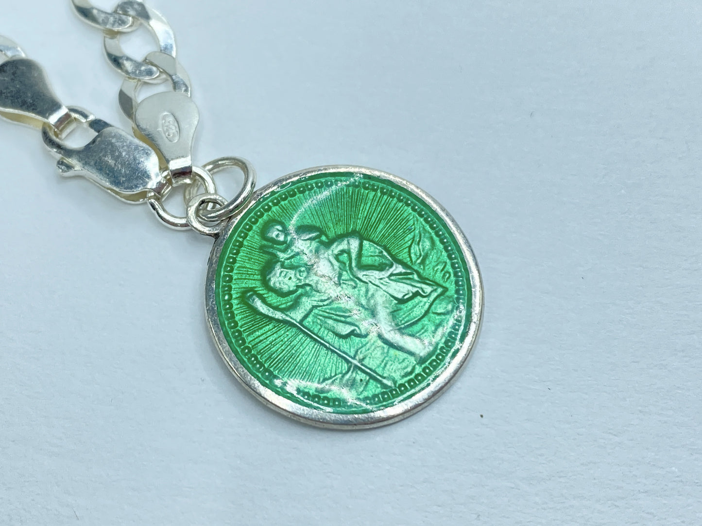 Sterling Silver Green Enamel Saint Medallion Charm Bracelet, England JR1095