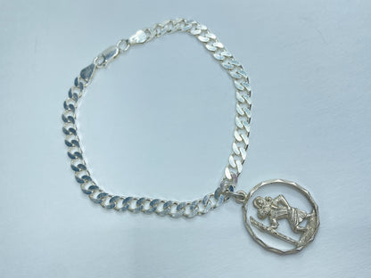 Sterling Silver St. Christopher Pendant Bracelet, Oval Cable Chain JR1097