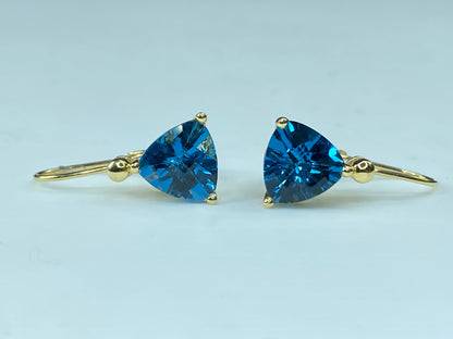 14K yellow gold 4.85ct London Blue Topaz Lever back earrings 3.8g JR0055